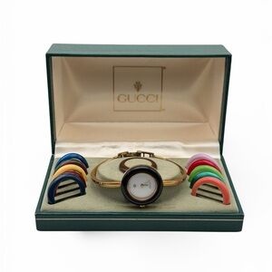 VINTAGE GUCCI CHANGE BEZEL WATCH – GOLD TONE – MULTICOLOR BEZELS – FULL SET